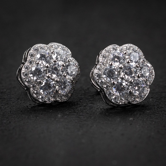 Men's Large 925 Sterling Silver Flower Cluster Hip Hop Screw Back Stud Earrings - Picture 4 of 5